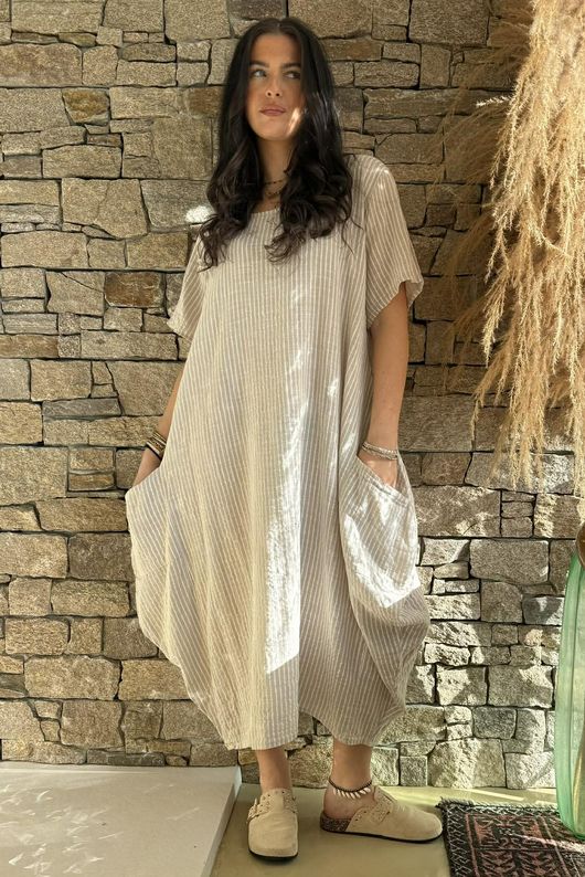 Salcombe Chalk Stripe Cotton Cocoon Dress Stone